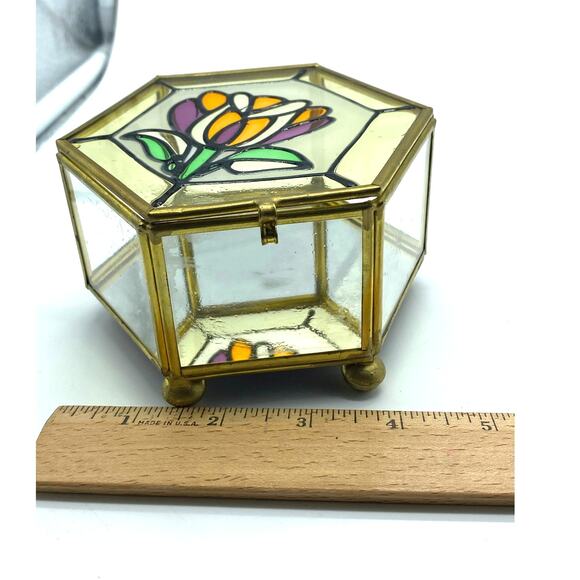 Hexagon Brass‎ and glass-stained glass lid trinket box mirrored vintage Taiwan - Picture 8 of 8